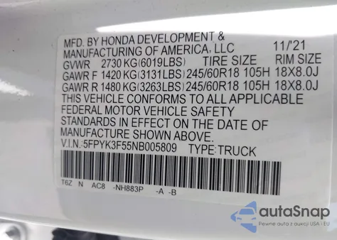 2022 Honda Ridgeline Rtl from USA, damaged, VIN 5FPYK3F55NB005809